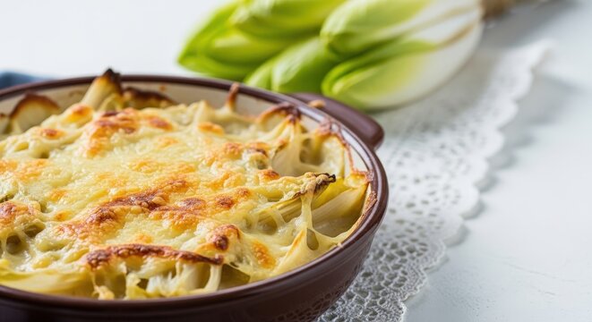Creamy Belgian Chicons au Gratin (Endive Gratin) with Golden Cheese Crust and Copy Space