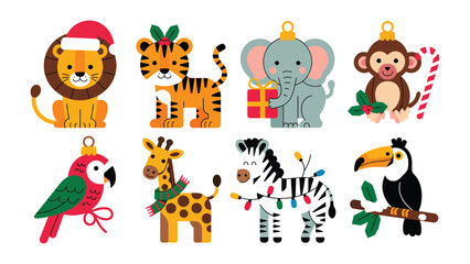 Naklejka premium Holiday animal ornaments: A collection of charming cartoon animal ornaments ready for the festive season, each adorned with seasonal decorations.