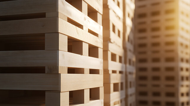 Stacks of wooden pallets, neatly arranged, create an industrial aesthetic.  The repeated patterns & warm light highlight the texture of the wood grain. Great for shipping!