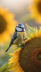 Obraz premium A Eurasian blue tit standing on a sunflower head, golden light and soft wind effect, close-up macro shot