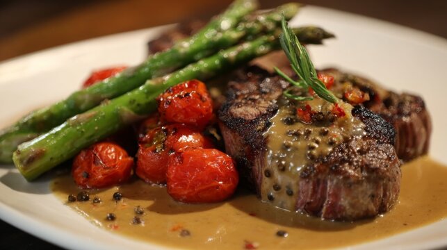 Delicious gourmet steak with grilled asparagus and cherry tomatoes drizzled with creamy sauce served on a white plate against a blurred background