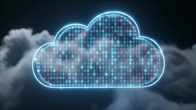 Animated Neon Cloud Computing Icon Data Storage Technology Binary Code