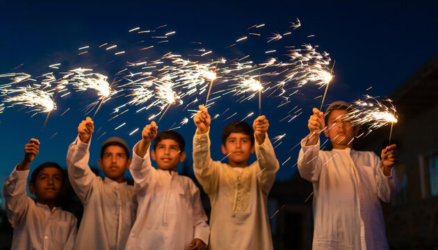 Children holding sparklers against a dark night sky.