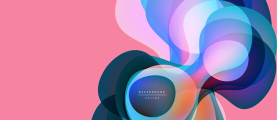 Abstract fluid shapes overlap, creating vibrant color gradients. Pink background complements blue, purple hues. Modern design element.