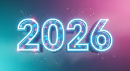 Vibrant 2026: Glowing Neon Outline Numbers Filled with Playful Particles Against a Modern Gradient Background