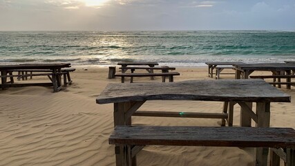 Indonesia 25 november 2025, photo of a beautiful sandy beach view with aesthetic seating...