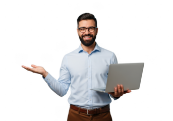 Smiling businessman holding laptop with open gesture, isolated on transparent background