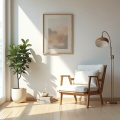 Fototapeta premium Bright interior displays chair with white cushion floor lamp, artwork. Plant adds green accent in light room. Interior scene presents simplicity, elegance, comfort, minimalism with neutral colour