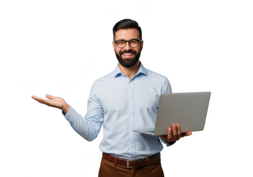 Smiling businessman holding laptop with open gesture, isolated on transparent background