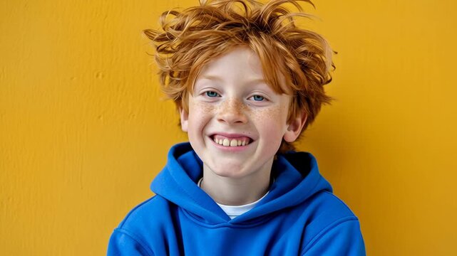 Young boy with curly red hair and freckles, wearing a blue hoodie, transitions from a playful pout to a bright smile against a vibrant yellow background, showcasing joyful expressions, camera zooms in