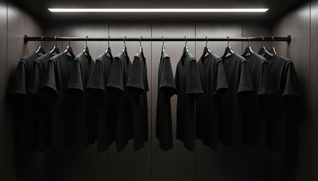 Row of black t-shirts neatly arranged on hangers in dark closet. Minimalist apparel display with clean lines, subtle lighting. Simple clothing storage, modern fashion concept, wardrobe organization.