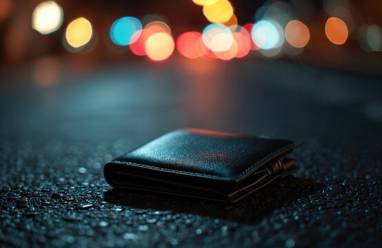 Black leather wallet lies on wet asphalt at night. City lights blur in the background, creating a moody, urban scene. This lost item suggests themes of finance and personal security.