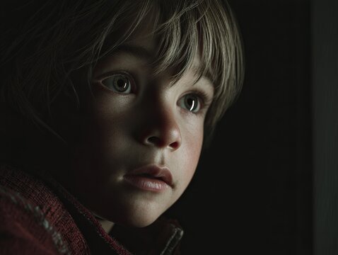 A thoughtful Caucasian boy gazes intently, soft light highlighting his expressive features in a moody setting.
