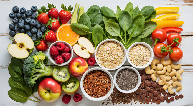 Vibrant assortment of fresh fruits vegetables grains and nuts - Powered by Adobe