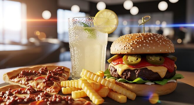 Burger with fries pizza and lemonade on table delicious and appealing lunch or dinner food combo perfect for any time of day