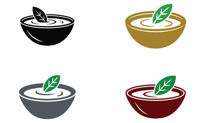 Colorful bowl icon set with green leaf and liquid design on white background  
