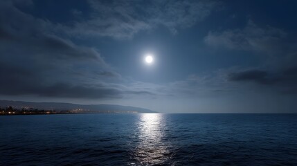A luminous full moon shines brightly casting a silver reflection across a dark calm ocean towards an illuminated coastline under a cloudy night sky