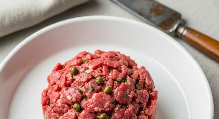 Fresh Belgian Filet Am&eacute;ricain &ndash; Hand-Chopped Raw Beef with Capers & Herbs in White Ceramic Dish