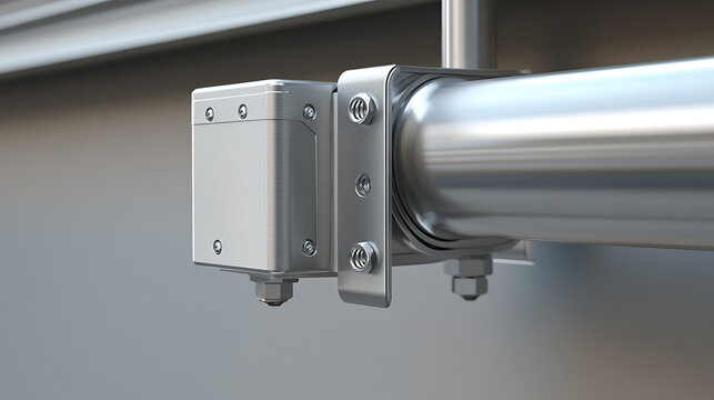 Close-up of a metallic pipe system, emphasizing its construction. The square sensor is secured by screws and brackets to the pipe. The gray background provides a neutral backdrop.