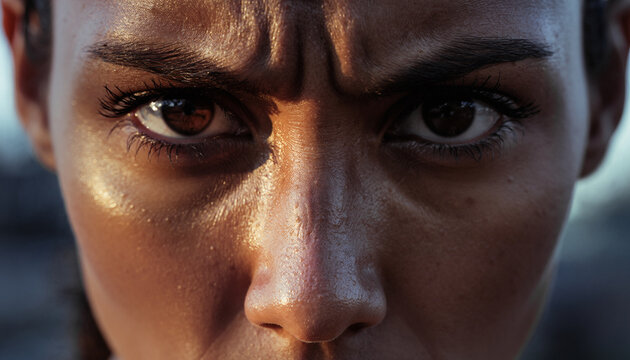 Close-up of a woman's sweaty face showing determination and focus.