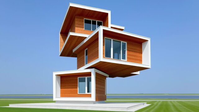 Modern architectural design featuring a unique stacked structure with wooden panels and large windows, showcasing innovative construction techniques, camera pans around the building to reveal details