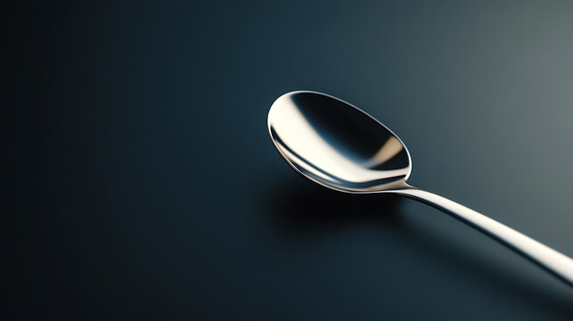 A sleek, minimalist photo of a single silver spoon resting diagonally on a dark blue surface. The spoon's curves gleam with reflected light, creating a sense of elegance and simplicity.