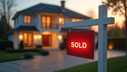 A modern house with lights on is for sale. The SOLD sign indicates the property has found a buyer. Evening sunset light shines on the lawn and driveway.