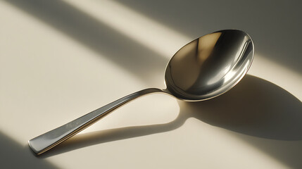 A gleaming stainless steel spoon bathed in soft, natural light, casting gentle shadows on a smooth, neutral surface. Utensil still life.