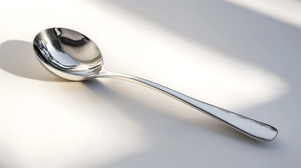 A minimalist still life featuring a gleaming silver spoon, resting on a stark white surface. The play of light and shadow accentuates its sleek form and reflective surface.