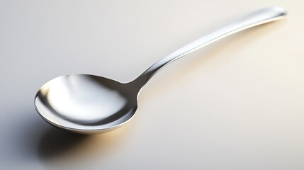 Elevated view of a shiny spoon that reflects light. It shows the elegance of dining and the craftsmanship of silverware. A timeless utensil for everyday and special occasions.