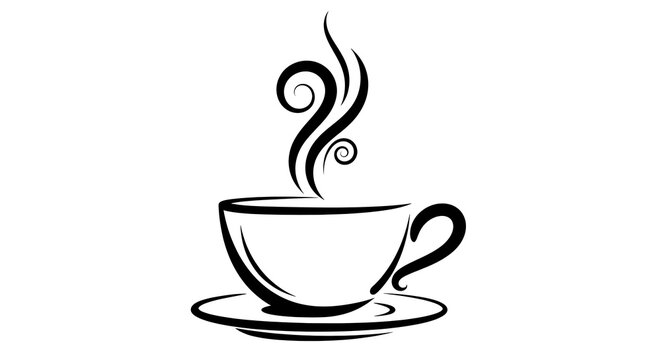Elegant black and white line art of a steaming coffee cup on saucer