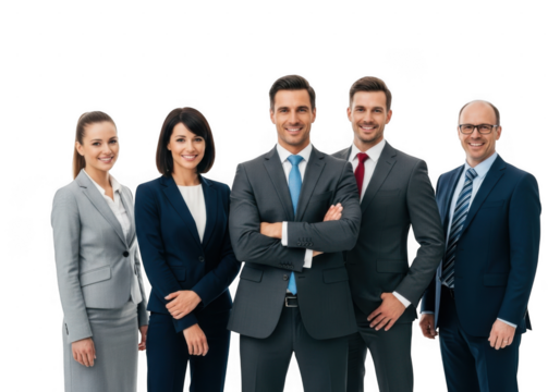 Group of five confident business professionals standing together isolated on transparent background