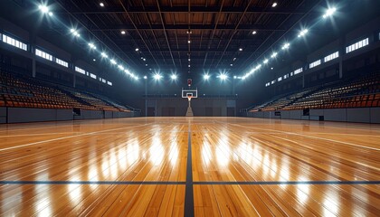 Empty Basketball Arena With Polished Wooden Court and Stadium Seating Under Bright Lights