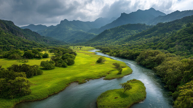 Aerial view of a river flowing through a lush valley with mountains behind it