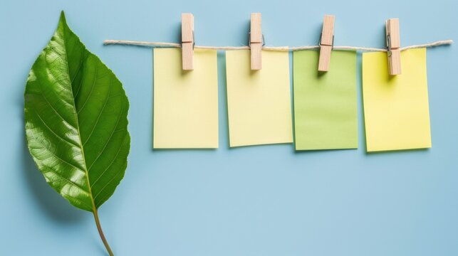Green Leaf and Colorful Sticky Notes Hanging on Rope on Blue Background