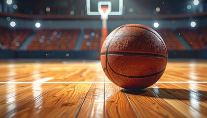 A single basketball rests on the polished hardwood floor of an empty indoor arena with stadium lights shining
