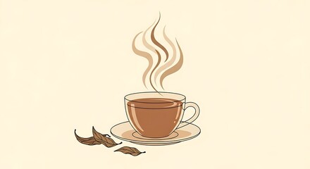 Obraz premium Steaming cup of tea illustration with leaves on a textured background