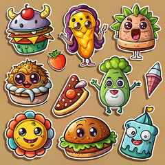Collection of whimsical, anthropomorphic food characters, each with unique expressions and features, set against a warm brown background
