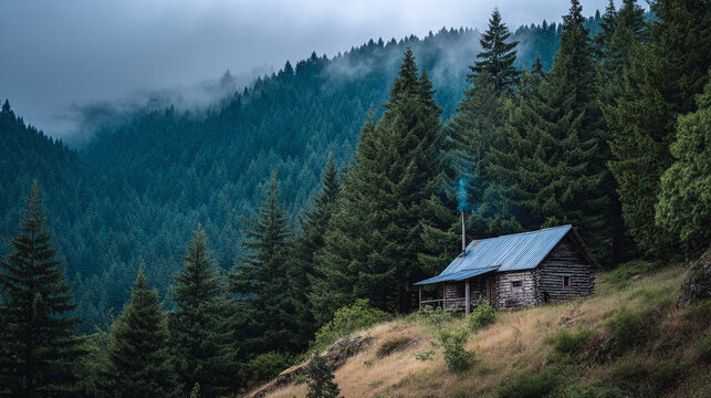 A cabin nestled on a hillside surrounded by a dense forest and fog above