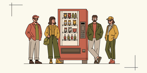 People Gather Around a Vending Machine for Snacks and Refreshments, Enjoying a Casual Moment