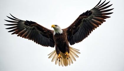 Obraz premium Majestic bald eagle soars high with spread wings. Bird flies with confidence in open sky. Nature scene presents power and freedom of wildlife predator in flight.