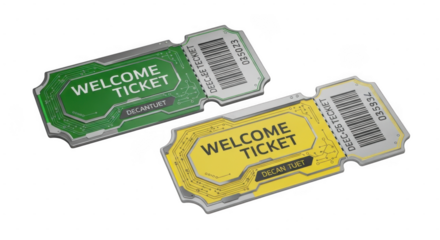 Pair of welcome tickets with green and yellow designs on reflective surface isolated on transparent background