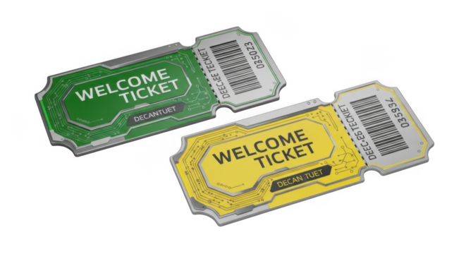 Pair of welcome tickets with green and yellow designs on reflective surface isolated on transparent background