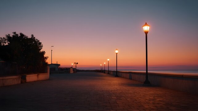 A serene boardwalk at dusk illuminated by vintage streetlights under a vibrant gradient sky