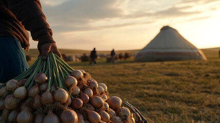 A bountiful harvest under the setting sun with a tipi in the background, capturing the essence of agricultural abundance and a serene, rural lifestyle.