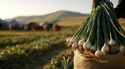 Freshly harvested onions held in a burlap sack, set against a golden field and distant hills. A rural scene capturing nature's abundance in an early morning light.