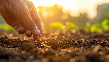 Farmer's hand sowing seeds or applying fertilizer to rich soil at sunset, cultivating new plant growth in a field