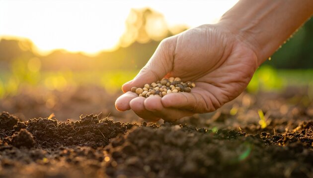 Farmer planting seeds in fertile soil at sunset, symbolizing growth and new beginnings for a sustainable future
