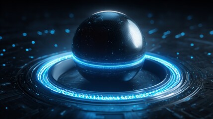 Luminous sphere abstract, futuristic technology concept with blue light rings surrounding the main form.