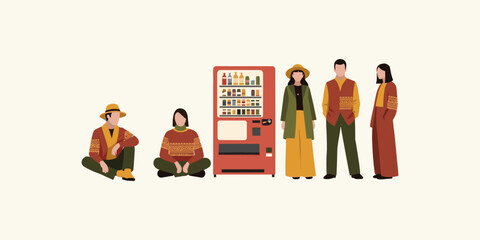 Group of People and Vending Machine in a Colorful, Flat Illustration Style with Stylish Attire